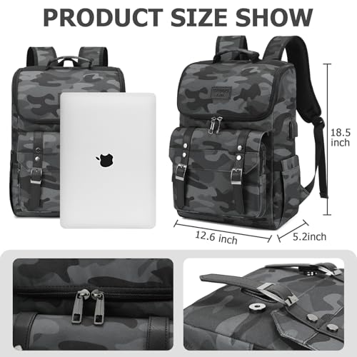 Vintage Backpack Travel Laptop Backpack with usb Charging Port for Women & Men College Backpack Fits 15.6 Inch Laptop Camouflage Gray (Camo&gray)
