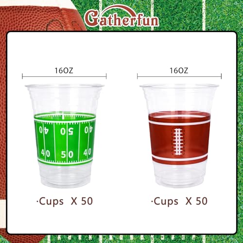 100 Pcs 16oz Football Plastic Cups (Green and Brown)