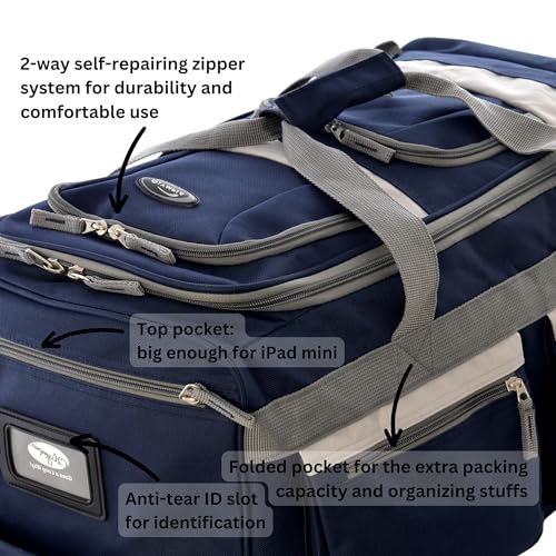 22 inch Carry On 8 Pockets Wheeled Rolling Duffel Bag Water Resistant Luggage Lightweight Travel Suitcase with Retractable Handle (22 inch / Navy)