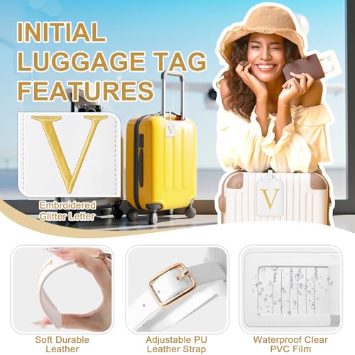 Personalized Initial Luggage Tags for Suitcase TSA Approved (White Leather,glod Letter / V)