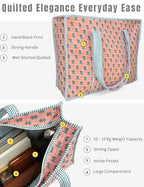 100% Cotton Quilted Tote Bag For Women (Peach Pearl Leaf Print)