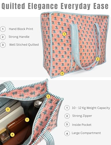 100% Cotton Quilted Tote Bag For Women (Peach Pearl Leaf Print)