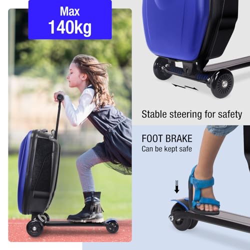2-in-1 Ride-On Scooter Suitcase, 20” Foldable Hardshell Carry-On Luggage for Travel, Lightweight Kids Scooter Bag with Wheels (Dark Blue)