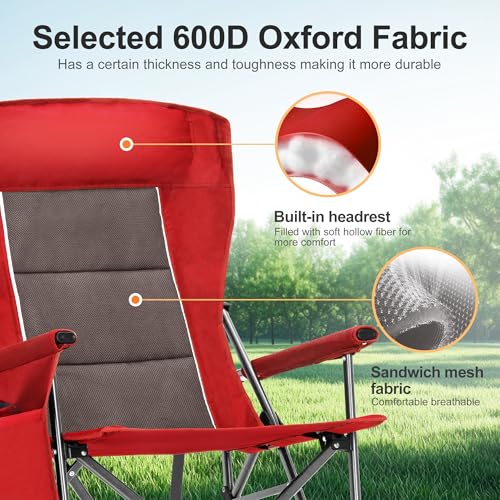 Oversized Camping Chairs High Back Heavy Duty Lawn Chair 500LBS (Red / Single Pack)