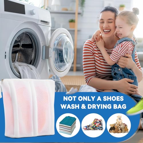 2-in-1 Shoe Dry Bag for Sneaker Dry & Wash, Dual-zone Sneaker Dryer Bag w/Elastic Straps, Door Shoe Laundry Bag for Washer & Dryer, Shoes Cleaning Thickened Mesh Laundry Bag for Home Travel Essentials