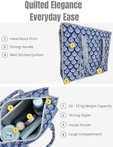 100% Cotton Quilted Tote Bag For Women (Indigo Block Print)