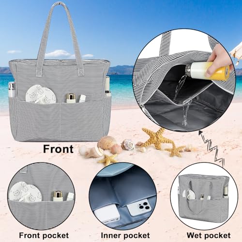 Waterproof Beach Tote Pool Bags for Women Ladies Extra Large Gym Tote Carry On Bag With Wet Compartment for Weekender Travel (Black White Fine Stripes)
