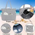 Waterproof Beach Tote Pool Bags for Women Ladies Extra Large Gym Tote Carry On Bag With Wet Compartment for Weekender Travel (Black White Fine Stripes)