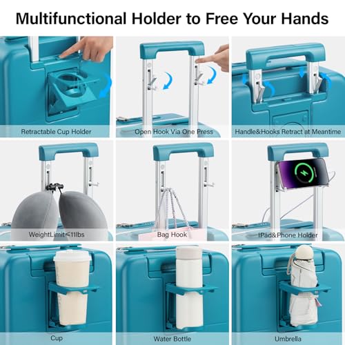 24 Inch Checked Luggage with Cup Holder and USB Ports (Caribbean Blue / 24 Inch)