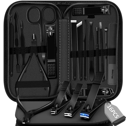 Manicure Set 16 In 1 Professional Stainless Steel Pedicure Kit Toenail Clippers Set Mens Grooming Kit Fingernail Kit for Women with Luxurious Travel Bag (16Pcs-Black)