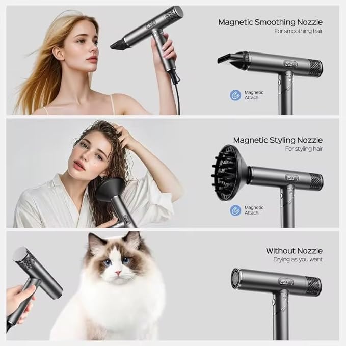 Dual Voltage Travel Hair Dryer 1500W - Worldwide 110V/240V Compatible with Auto-Clean Tech- Plasma Ionic Blow Dryer with Diffuser & Concentrator - Foldable Compact - Fast Drying (Grey Silver)