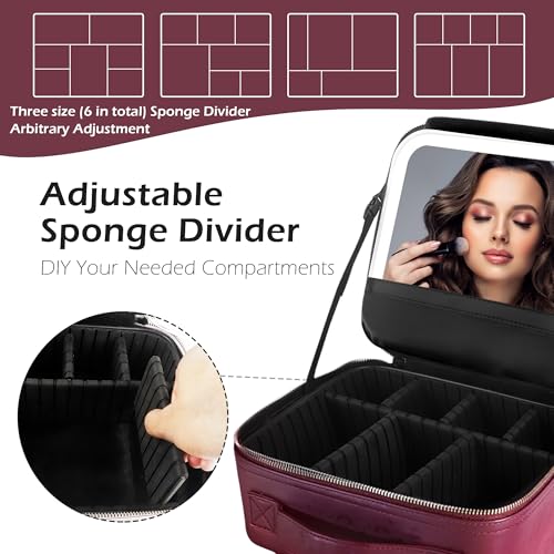 Travel Makeup Bag Cosmetic Bag Makeup Organizer Bag with Lighted Mirror (Wine Red / Woven)