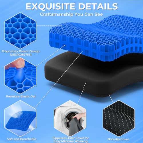 Gel Seat Cushion for Long Sitting (Black & Blue / 17.5×16.5×2.2 Inch)