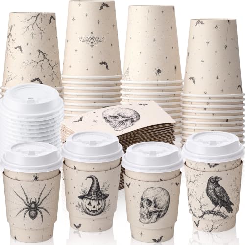 48 Sets 8 oz Halloween Disposable Coffee Cups with Lids and Sleeves (Spider)