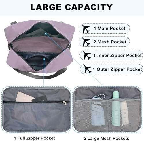 Foldable Carry on Luggage Bag 22x14x9 Personal Item Bag for Airplanes Travel Duffel Bag for Women and Men (Purple / 40L)