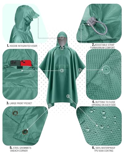 Hooded Rain Poncho Packable Waterproof Unisex Raincoat with Pocket (Small / Pea Green)