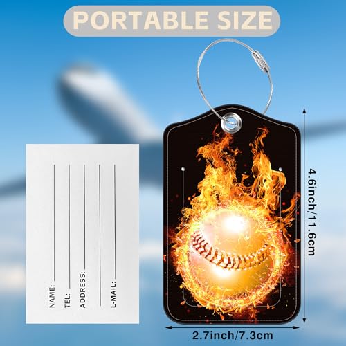 2 Pcs Baseball on Fire Luggage Tags for Suitcases PU Leather Baggage Tags Name ID Label with Privacy Cover and Stainless Steel Loop for Men Women Travel Bag Suitcase (Baseball on Fire)