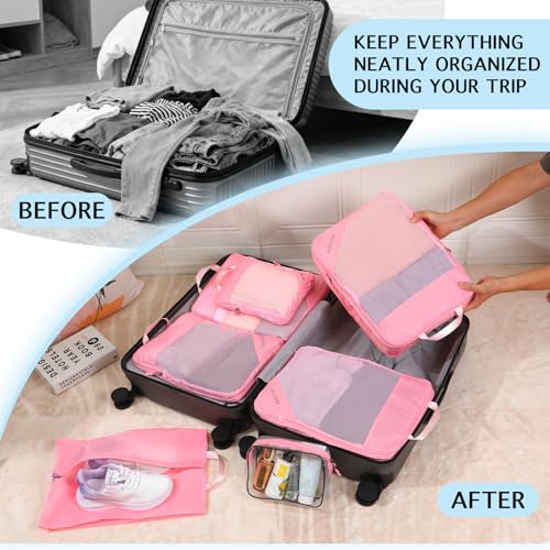 Compression Packing Cubes for Travel (Mesh/Pink / 7 Set)