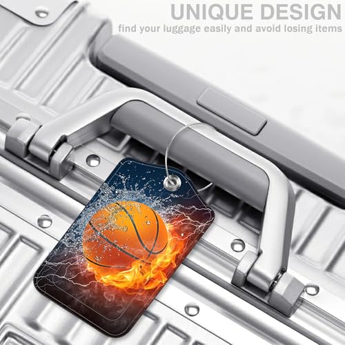 Basketball on Fire Set of 2 Luggage Tags for Suitcases Leather Suitcase Tags Identifiers with Privacy Name Address Label and Stainless Steel Loop for Women Men Travel Luggage Accessories (Basketball on Fire)