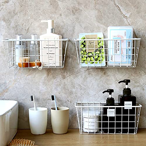 Hanging Kitchen Baskets For Storage Adhesive Sturdy Small Wire Storage Baskets No Drilling Wall Mounted Kitchen Food Pantry Bathroom Shelf Storage (White / 4 PACK)