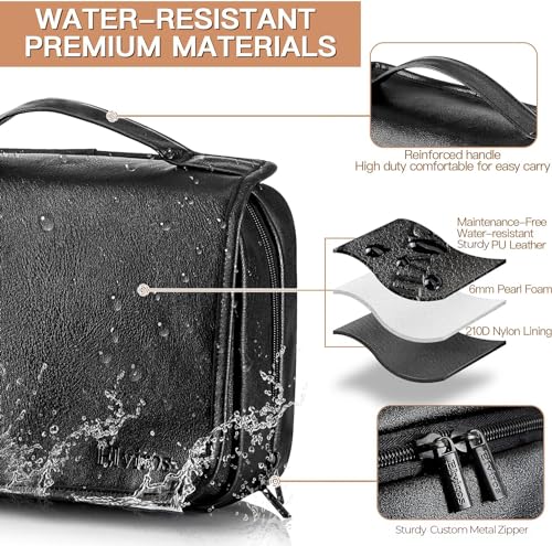 Hanging Toiletry Bag Removable Travel Bag PU leather Makeup Cosmetic Organizer Kit (Black / 1 Pack)