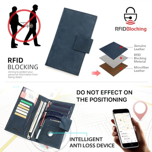 Full Grain Leather Family Passport Holder for 4 RFID Blocking Passport Wallet Compatible with Airtag Passport Cover with 4 Passport Slot (Blue)