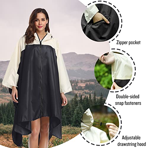 Adult Rain Poncho Waterproof Hooded Zipper Raincoat with Pockets (One Size / A-black-white)