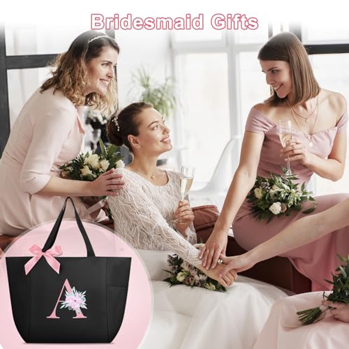 Tote Bag, A-Z Initial Monogrammed Waterproof Tote Bag, Bridesmaid Gifts for Women, Black and Pink (A, Black) (Black)