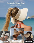 Womens Sun Hat with Ponytail Hole Wide Brim Beach Straw Visor (Medium / Beige With Black)