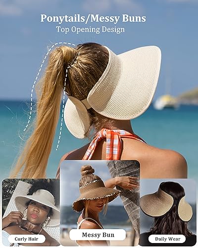 Womens Sun Hat with Ponytail Hole Wide Brim Beach Straw Visor (Medium / Beige With Black)