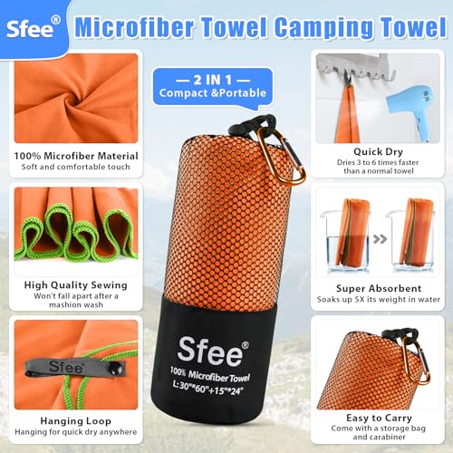2 Pack Camping Towel (XL 72"x32"+24"x15" / Orange)