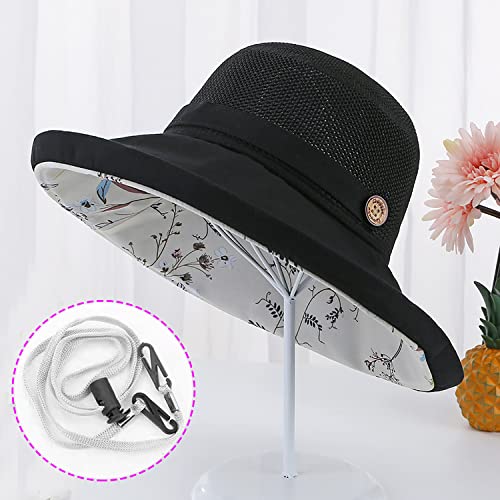 Women Summer Mesh Sun Hats Floppy Wide Brim UV Protection Fishing Hat Beach Hiking Garden Travel Lawn Work Cap Chin Strap (One Size / M9163-black)