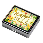 Silver Vintage Pill Box 7 Day Metal Pill Box with Mirror and 8 Compartments Cute Travel Pill Organizer for Purse (Happy Pills)