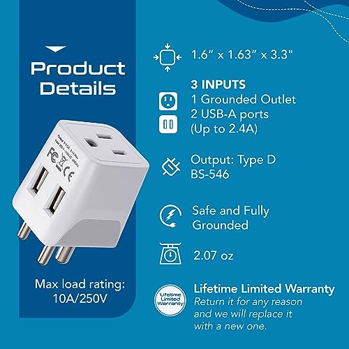India, Nepal, Bangladesh Travel Adapter Plug with USB-A + USB-C - Type D - Usa Input - Ultra Compact - Safe Grounded Perfect for Cell Phones, Laptops, Camera (CTU-10) (Off White)