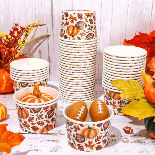 50Pcs Fall Snack Cups Football Pumpkin Maple Leaves Disposable Paper Bowls Autumn Decorative Ice Cream Dessert Soup Bowls for Thanksgiving Party Supplies Hot Cold Drinks