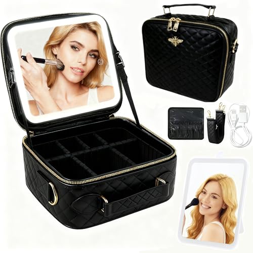 Travel Makeup Bag with Light Up Mirror (Black Grid)