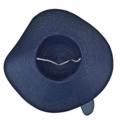 Women Wide Brim Bow Straw Hat Floppy Foldable Beach Sun Hat Roll up Cap UPF 50+ (Big Bow / Navy 5.9" Brim, 1 Pack)
