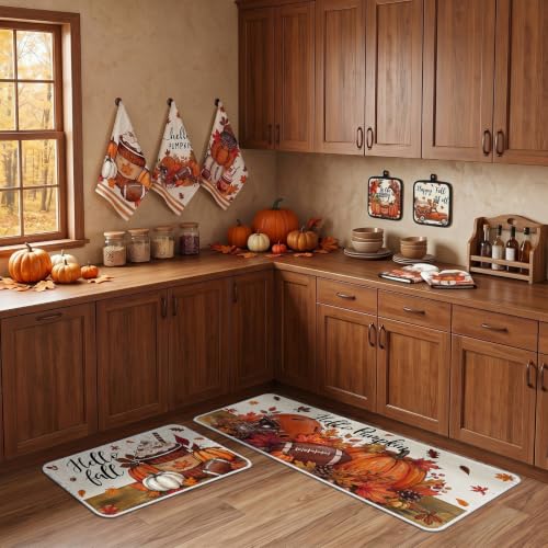 10 Pcs Fall Pumpkin Kitchen Decor Set Kitchen Towels Pot Holders Oven Mitts and Rugs Set Thanksgiving Towels for Baking Cooking BBQ Autumn Home (Dark Orange / Football)