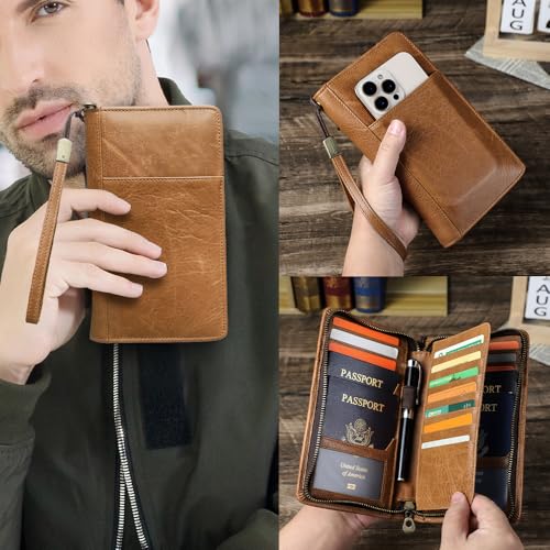 Full Grain Leather Travel Family Passport Holder for 4 Passport Wallet RFID Blocking Passports Organizer 3 Layer Design Fit 4 Passports (Camel Brown)