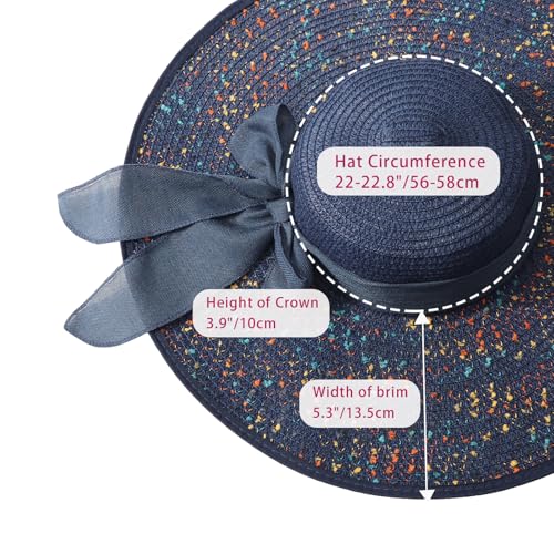 Womens Big Bowknot Straw Hat Foldable Sun Hats Floppy Beach Hat Large Roll up Cap UPF 50+ (Pied Navy Blue / 5.3" Brim, 1 Pack)