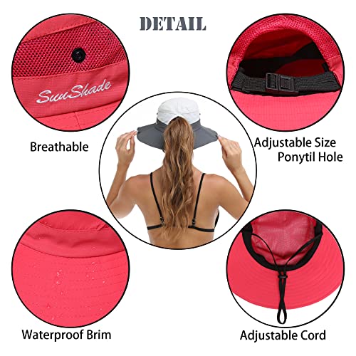 Womens Summer Sun Hat Beach Hat Wide Brim Outdoor UV Protection Hat Foldable Cool Mesh Ponytail Bucket Hat (6-7 / Watermelon Red))