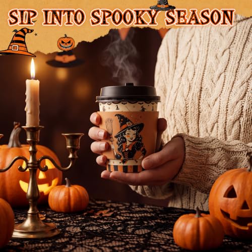 48 sets 8 oz Halloween Disposable Coffee Cups with Lids and Sleeves (Pumpkin)