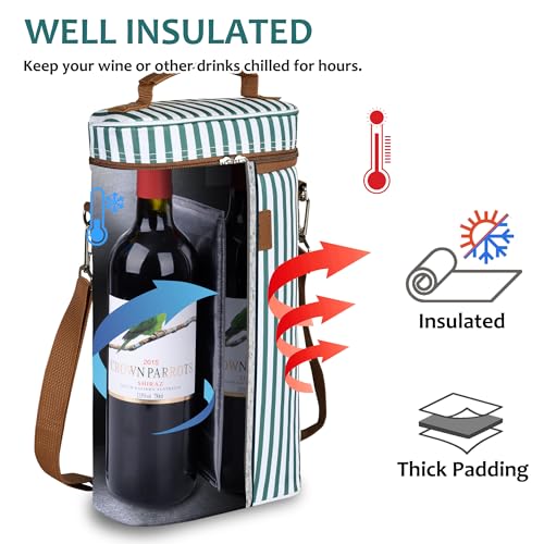 2 Bottle Insulated Wine Tote Carrier Bag (Green Stripe / 2 Bottle-without front pocket)