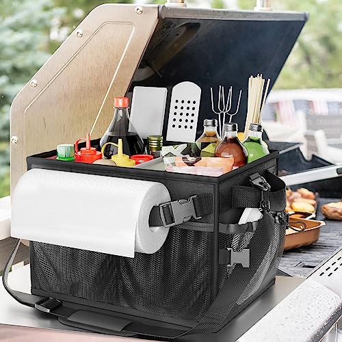 Grill Caddy Foldable BBQ Caddy with Paper Towel Holder (Black)