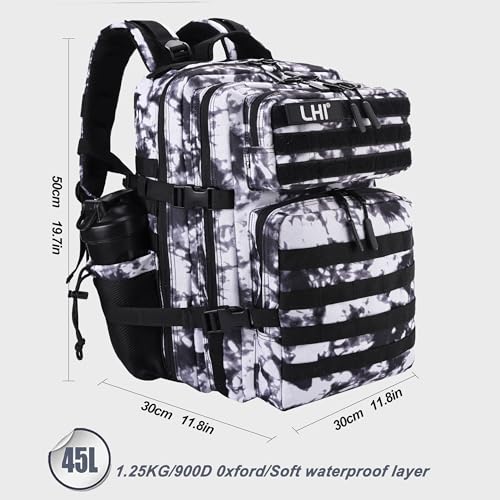 Military Tactical Backpack for Men and Women 45L Army 3 Days Assault Pack Bag Large Rucksack with Shoe Compartment (1.6 Black and White)