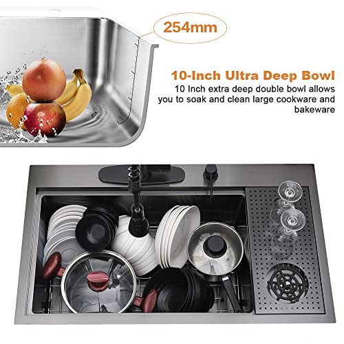 33x19 Black Drop In Kitchen Sink with Cup Washer Workstation Sink (33"L x 19"W x 10"D / Black( Glass Rinser))