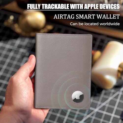 Polare Leather AirTag Passport Holder RFID Blocking Travel Bifold Wallet (Grey with AirTag Slot)