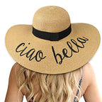 Big Straw Sun Hats for Women Floppy Foldable Roll up Beach Cap Sun Hat UPF 50+ Vacation Honeymoon Embroidered Hat (Ae Ciao Bella: Khaki)