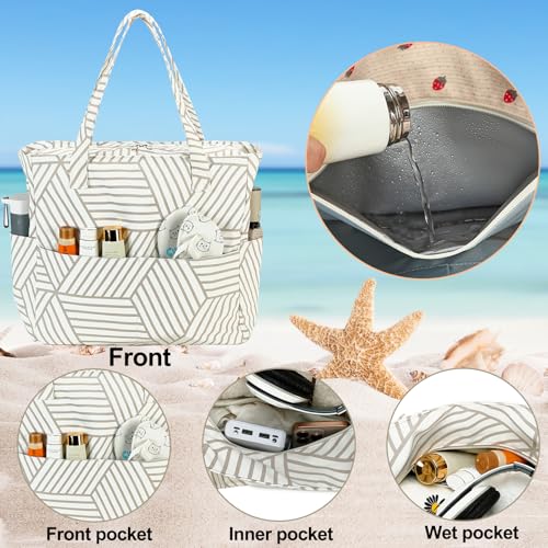 Waterproof Beach Tote Pool Bags for Women Ladies Extra Large Gym Tote Carry On Bag With Wet Compartment for Weekender Travel (Brown Diamond)