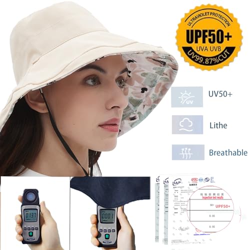 Womens Sun Hats Wide Brim Reversible Bucket Cotton Hat Packable Summer Travel Cap with Hat Clip (Medium / Beige)